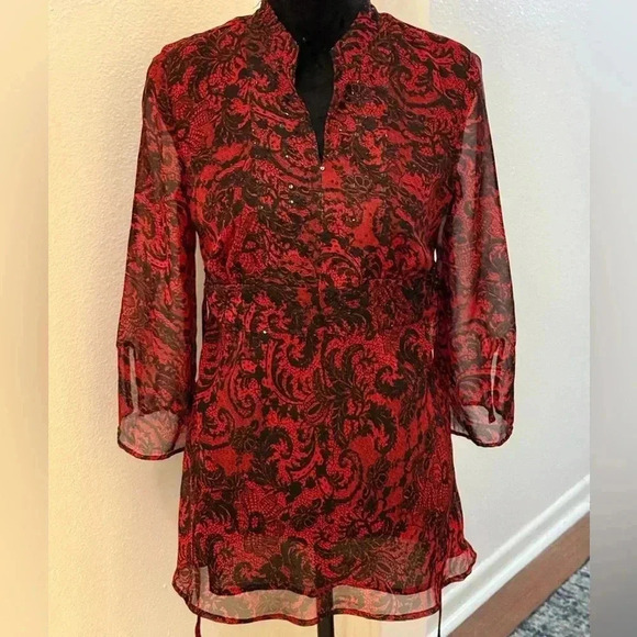 New York City Design Co. Black & Red Paisley Semi See Thru Slit Neck Midi Dress - Picture 1 of 5